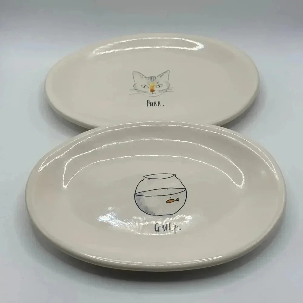 Set‎ of 2 Rae Dunn Artisan Collection Magenta Gulp Purr Cat Oval Plates